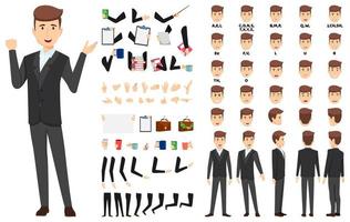 Cartoon businessman character standing and posing with animation set with different position poses lips sync for mouth animation hands set legs set vector