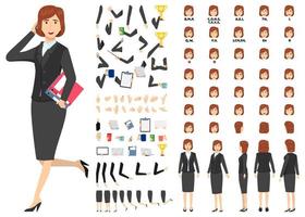 Cartoon businesswoman character standing with file folder and talking with phone with animation set with different position poses lips sync for mouth animation hands set legs set vector