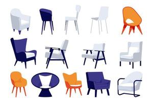 Juego grande de sillas y sillones modernos con diferentes formas, tamaños y colores de diseño para el hogar y la oficina vector