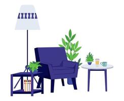 Home office freelancer workplace illustration with modern armchair floor lamp and with house plant books