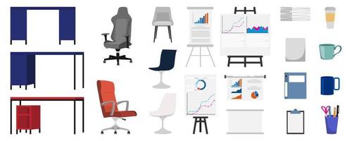 Equipment set for office home office set with chair table pc laptop pc board and coffee cup vector