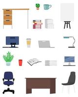 Office equipment set with different equipments files folder clipboard some paper pile chair table pc lamp