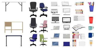 Equipment set for office home office set with chair table pc laptop pc board isolated vector