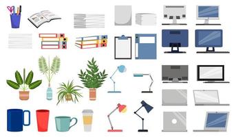 Office equipment set with different equipments files folder clipboard some paper pile with laptop pc vector