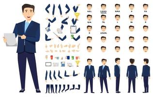 Cartoon businessman character standing with tablet pc computer and pointing to with animation set with different position poses lips sync for mouth animation hands set legs set vector