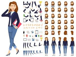 Businesswoman character standing with file folder and talking with phone with animation set with different position poses lips sync for mouth animation hands set legs set isolated on white background vector