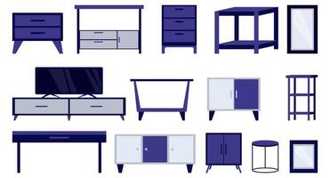 Juego de muebles modernos con mueble de tv, cajón, mesa, sal con diferentes formas, diseños y colores. vector