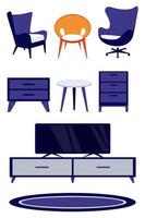 Conjunto de muebles de sala de estar con diferentes muebles silla sillón almohada gabinete casa planta y tv vector