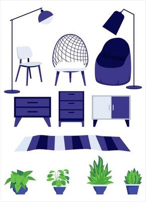 Living room furniture set with different furnitures chair armchair pillow cabinet house plant and mat
