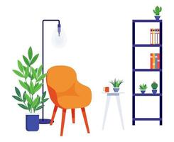 Home office freelancer workplace illustration with modern armchair floor lamp and with house plant isolated