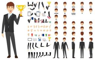 Cartoon businessman character standing with trophy with animation set with different position poses lips sync for mouth animation hands set legs set vector
