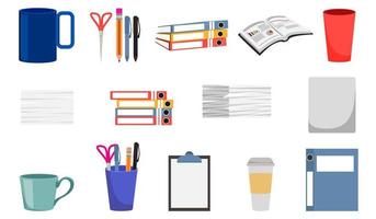 Office equipment set with different equipments files folder clipboard some paper pile