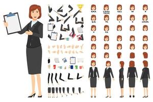 Cartoon businesswoman character standing with clipboard and pointing to with animation set with different position poses lips sync for mouth animation hands set legs set isolated on white background