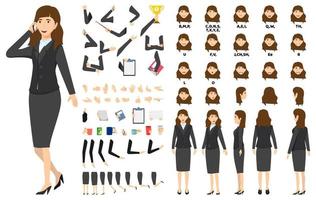 Cartoon businesswoman character standing and talking with phone with animation set with different position poses lips sync for mouth animation hands set legs set