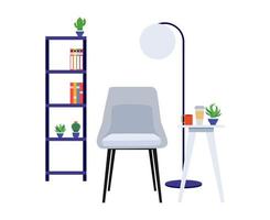 Living room workplace for freelance home office with beautiful furniture set modern chair bookshelf floor lamp vector