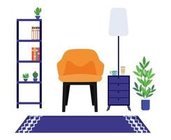 Living room workplace for freelancer home office with chair and floor lamp bookshelf cabinet vector