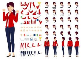 Cartoon businesswoman character standing and posing with animation set with different position poses lips sync for mouth animation hands set legs set vector