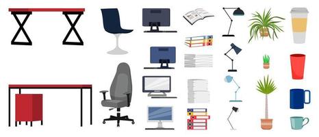 Equipment set for office home office set with chair table pc laptop pc board and coffee mug plant tree vector
