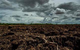 Agriculture plowed field. Black soil plowed field with stormy sky. Dirt soil ground in farm. Tillage soil prepared for planting crop. Fertile soil in organic agricultural farm. Landscape of farmland. photo