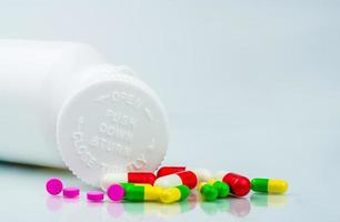 tabletas de colores y cápsulas con botella a prueba de niños con etiqueta en blanco sobre fondo blanco. fondo de farmacia farmacia. industria de envases farmacéuticos. recipiente de botella de plástico. cuidado de la salud. foto