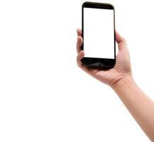 Asian people right hand holding empty screen phone and using smart phone selfie photo isolated on white background with clipping path