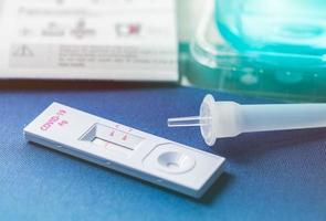 Covid 19 antigen self test for nasal swab with positive result. Antigen test kit for home use to detection coronavirus infection. Negative test result from rapid antigen test. Coronavirus diagnosis. photo