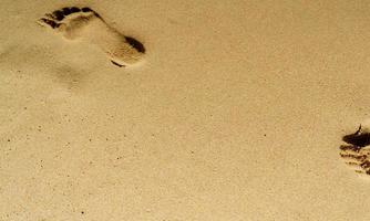 huella en la arena. huella de pie en la arena de la playa en verano. fondo de playa de arena. vacaciones de verano en el concepto de playa paraíso tropical. sello de paso humano en la arena. relax y spa natural para pies foto