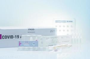 Covid 19 antigen self test for nasal swab. Antigen test kit for home use to detection coronavirus infection. Rapid antigen test. Corona virus diagnosis. Medical device for covid-19 Antigen test. photo