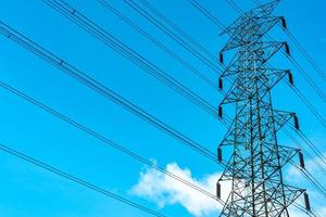 High voltage electric tower and transmission lines. Electricity pylons with blue sky and white clouds. Power and energy conservation. High voltage grid tower with wire cable at distribution station. photo