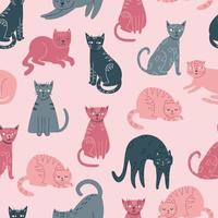 seamless pattern with cute cats of different colors. cats in different poses. flat vector illustration isolated on white background.