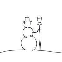 Continuous line drawing vector illustration of a snowman. Christmas concept. New Year holiday. postcard design.