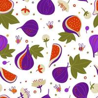 Doodle figs, flowers, buds, fig pieces, leaves, vector seamless pattern. Hand-drawn texture for kitchen wallpaper, textile, fabric, paper. Food background. Flat fruits on white. Vegan, Grown, Natural
