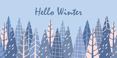 banner design with flat Christmas trees with different textures. lettering hello winter. Vector illustration isolated on white background.