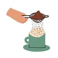 sprinkling cocoa drink with marshmallows. marshmallows in a cup. preparing a hot drink. vector flat illustration isolated on white background.