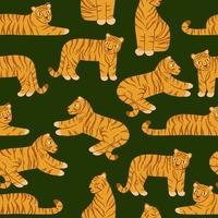 Seamless pattern with tigers on a green background. Cute tigers in different poses. design for packaging, fabric, background. Vector illustration in flat style on white background.