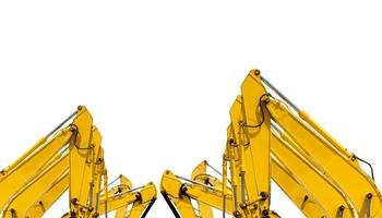 Yellow backhoe with hydraulic piston arm isolated on white. Heavy machine for excavation in construction site. Hydraulic machinery. Huge bulldozer. Heavy machine industry. Mechanical engineering. photo