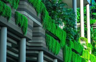 Eco friendly building with vertical garden in modern city. Green plant and tree forest and ivy on facade on sustainable building. Energy saving architecture with vertical garden. Clean environment. photo