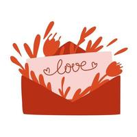 love letter with flowers. red envelope. Valentine's Day. vector illustration isolated on white background.