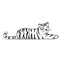 doodle tiger lies, hand-drawn. cute chinese tiger drawn with black lines. vector illustration isolated on white background