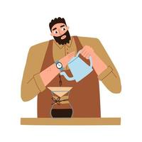 man makes coffee with his own hands. preparation of coffee. coffee maker. vector flat illustration isolated on white background.