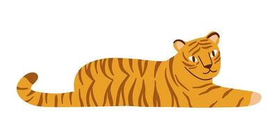 flat tiger drawn by hands in a supine position. cute colorful chinese tiger. vector illustration isolated on white background
