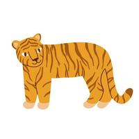el tigre plano se para sobre sus patas traseras, dibujado a mano. lindo tigre chino colorido. ilustración vectorial aislado sobre fondo blanco vector