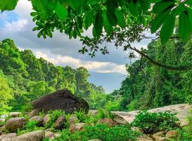 Beautiful forest and mountain with blue sky and white cumulus clouds. Tropical green tree forest. Nature background.  Granite rock mountain in Thailand. Landscape tropical jungle. Tropical valley. photo