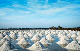 Sea salt farm and barn in Thailand. Organic sea salt. Raw material of salt industrial. Sodium Chloride. Solar evaporation system. Iodine source. Worker working in farm on sunny day with blue sky.