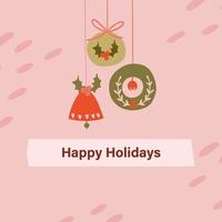 colorida tarjeta de felicitación navideña con adornos navideños. ilustración de dibujado a mano de vector de vacaciones.
