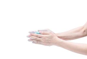 Woman washing hand with soap foam and water. Hand clean for good personal hygiene to prevent coronavirus or flu epidemic.Procedure of hand wash to kill germs, virus, bacteria. Cleaning dirty hands. photo
