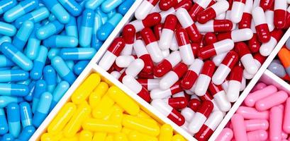 Antibiotic drugs. Top view of painkiller capsule pills and supplements capsule in plastic tray. Pharmaceutical industry. Pharmacy banner. Prescription drugs. Antibiotic drug selection. Drug of choice. photo