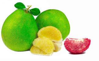 Red pomelo pulp with seeds isolated on white background. Thailand Siam ruby pomelo fruit. Natural source of vitamin C antioxidants and potassium. Healthy food for slow down aging. Citrus fruit. photo