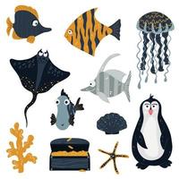 Sea animals on a white background. Cute and funny Inhabitants of the marine underwater world. Vector illustration on a white background.