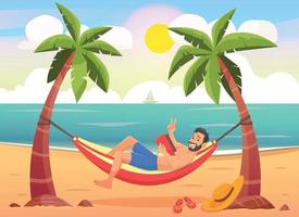 Young happy caucasian white man relaxing on the beach in a hammock under the palm trees. Hipster man lying in hammock on tropical beach. vector